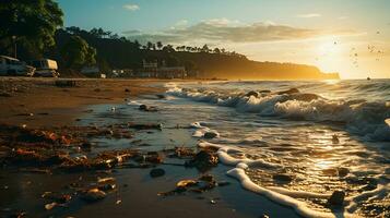 photo-realistic of dirty beach at afternoon with so much garbage AI generated photo