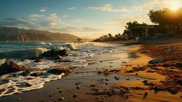 photo-realistic of dirty beach at afternoon with so much garbage AI generated photo
