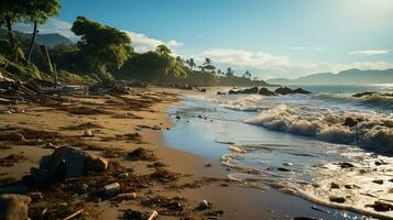 photo-realistic of dirty beach at afternoon with so much garbage AI generated photo