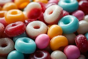 Photo-realistic of colorful candies in aerial view for background made by AI generated photo