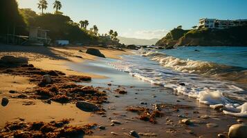 photo-realistic of dirty beach at afternoon with so much garbage AI generated photo