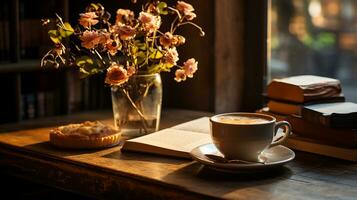 a cup of coffee with book and pen on the wooden table AI Generated photo