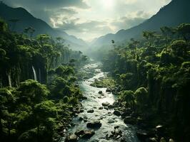 aéreo ver de lluvia bosque a el luz ai generativo foto