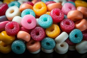 Photo-realistic of colorful candies in aerial view for background made by AI generated photo