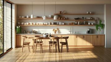 wooden kitchen house in afternoon AI generative photo