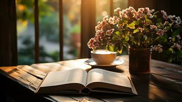 un taza de café con libro y bolígrafo en el de madera mesa ai generado foto