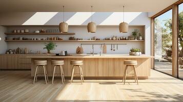 wooden kitchen house in afternoon AI generative photo