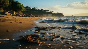 foto-realista de sucio playa a tarde con entonces mucho basura ai generado foto