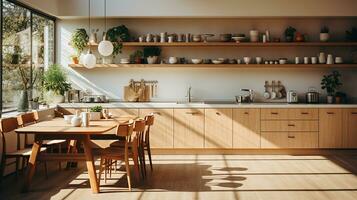 wooden kitchen house in afternoon AI generative photo