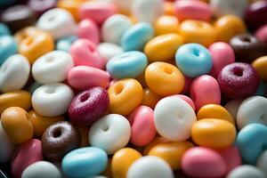 Photo-realistic of colorful candies in aerial view for background made by AI generated photo