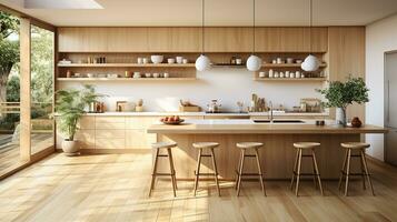 wooden kitchen house in afternoon AI generative photo