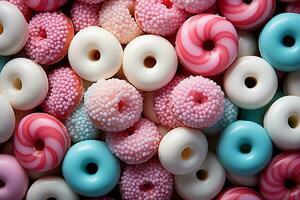 Photo-realistic of colorful candies in aerial view for background made by AI generated photo