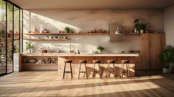 wooden kitchen house in afternoon AI generative photo