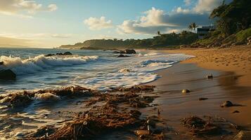 photo-realistic of dirty beach at afternoon with so much garbage AI generated photo