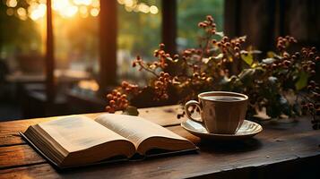 un taza de café con libro y bolígrafo en el de madera mesa ai generado foto