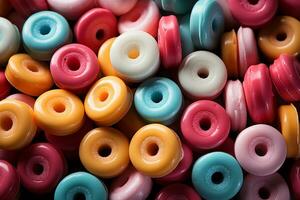 Photo-realistic of colorful candies in aerial view for background made by AI generated photo