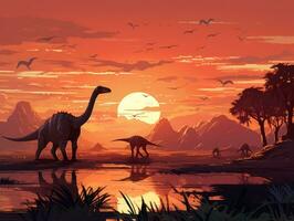 A serene prehistoric sunset, majestic dinosaurs on the plain. Clear silhouettes against the colorful sky photo