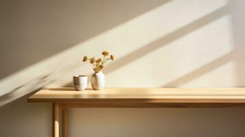 un elegante escena con un minimalista de madera mesa bañado en amable luz de sol, exhibiendo el intrincado madera grano en contra un blanco pared fondo. foto