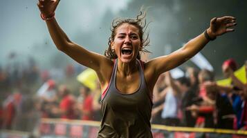 Runner crossing the finish line, arms raised in victory. You can feel their determination through their sweat-soaked face. photo