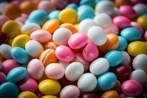 Photo-realistic of colorful candies in aerial view for background made by AI generated photo