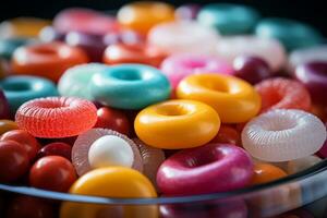 Photo-realistic of colorful candies in aerial view for background made by AI generated photo