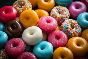 Photo-realistic of colorful candies in aerial view for background made by AI generated photo