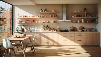 wooden kitchen house in afternoon AI generative photo