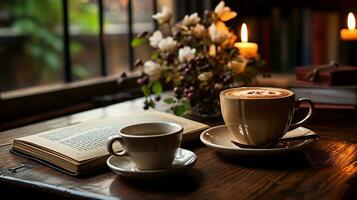 un taza de café con libro y bolígrafo en el de madera mesa ai generado foto