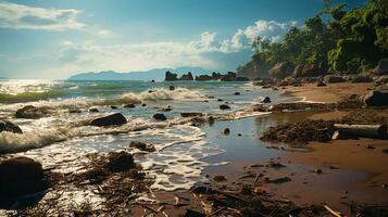 foto-realista de sucio playa a tarde con entonces mucho basura ai generado foto