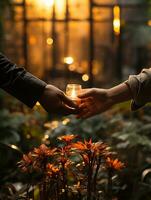 close up woman and man's hand holding to each other with park background AI generative photo