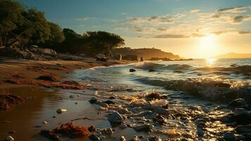 foto-realista de sucio playa a tarde con entonces mucho basura ai generado foto