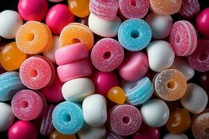 Photo-realistic of colorful candies in aerial view for background made by AI generated photo