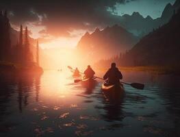 Concept active weekend recreation. Adventure group of friends kayaking on calm river. Back view. photo