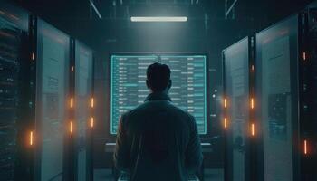 Big Data Technology, Business Analytic Concept. Modern interface shows massive information of business sale report, profit chart and stock market trends analysis on screen monitor.. photo