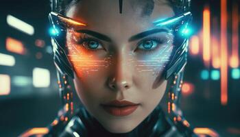 Young and attractive woman from future with the laser hologram on her face, collage about eye scanning technology. photo