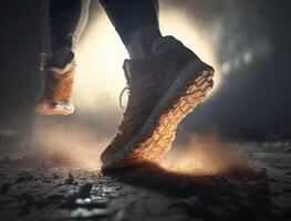 Deportes antecedentes. corredor pies corriendo en la carretera de cerca en zapato.. generativo ai foto