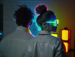 Beautiful Multiethnic Couple in Casual Outfits and Futuristic Neon Glowing Glasses, Dance and Have a Party at Home. Generative AI photo