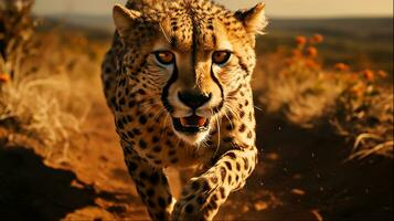 leopardo corriendo en africano salvaje animal fotografía, generativo ai foto