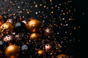 Dark festive background from balloons and confetti, copy space. AI Generated photo