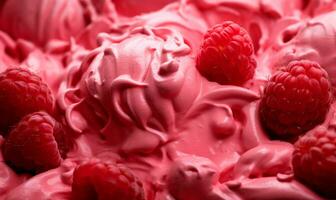 Ice cream with raspberries close up, texture, background. AI Generated photo