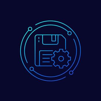 backup settings icon with a floppy disk, linear design vector