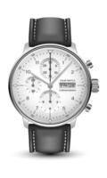 Realistic watch clock chronograph face silver dark grey leather strap on white design classic luxury vector