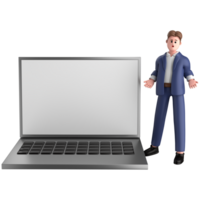 3d businessman executive pose and standing with laptop isolated on transparent background, 3d rendering png