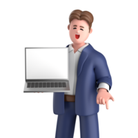 3d businessman executive pose and standing with laptop isolated on transparent background, 3d rendering png