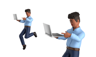 3d Geschäftsmann Exekutive Pose und Stehen mit Laptop isoliert auf transparent Hintergrund, 3d Rendern png