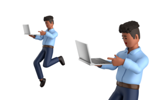 3d zakenman uitvoerend houding en staand met laptop geïsoleerd Aan transparant achtergrond, 3d renderen png