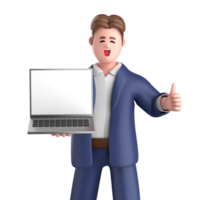 3d businessman executive pose and standing with laptop isolated on transparent background, 3d rendering png