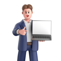 3d homem de negocios executivo pose e em pé com computador portátil isolado em transparente fundo, 3d Renderização png