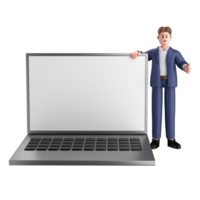 3d uomo d'affari esecutivo posa e in piedi con il computer portatile isolato su trasparente sfondo, 3d interpretazione png