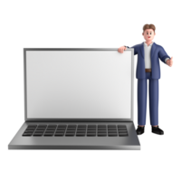 3d Geschäftsmann Exekutive Pose und Stehen mit Laptop isoliert auf transparent Hintergrund, 3d Rendern png